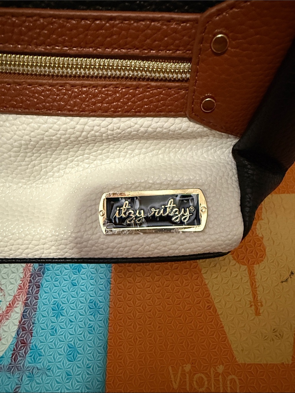 Itzy Ritzy Tricolor Pebbled Leather Shoulder Bag - White/Brown/Black